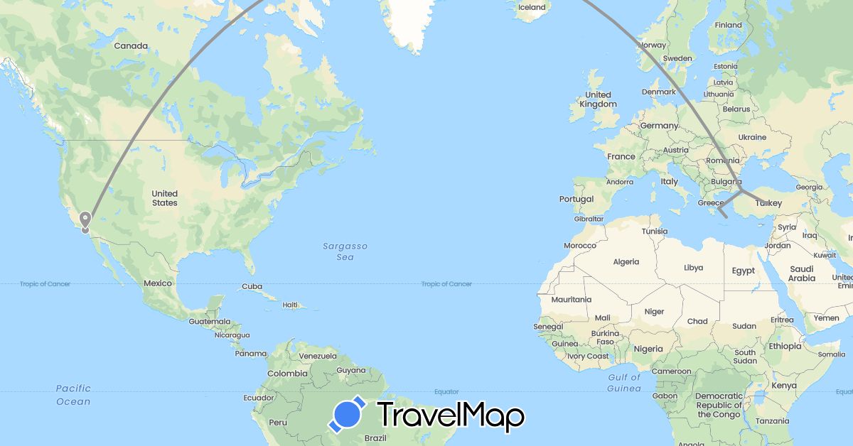TravelMap itinerary: driving, plane in Greece, Turkey, United States (Asia, Europe, North America)